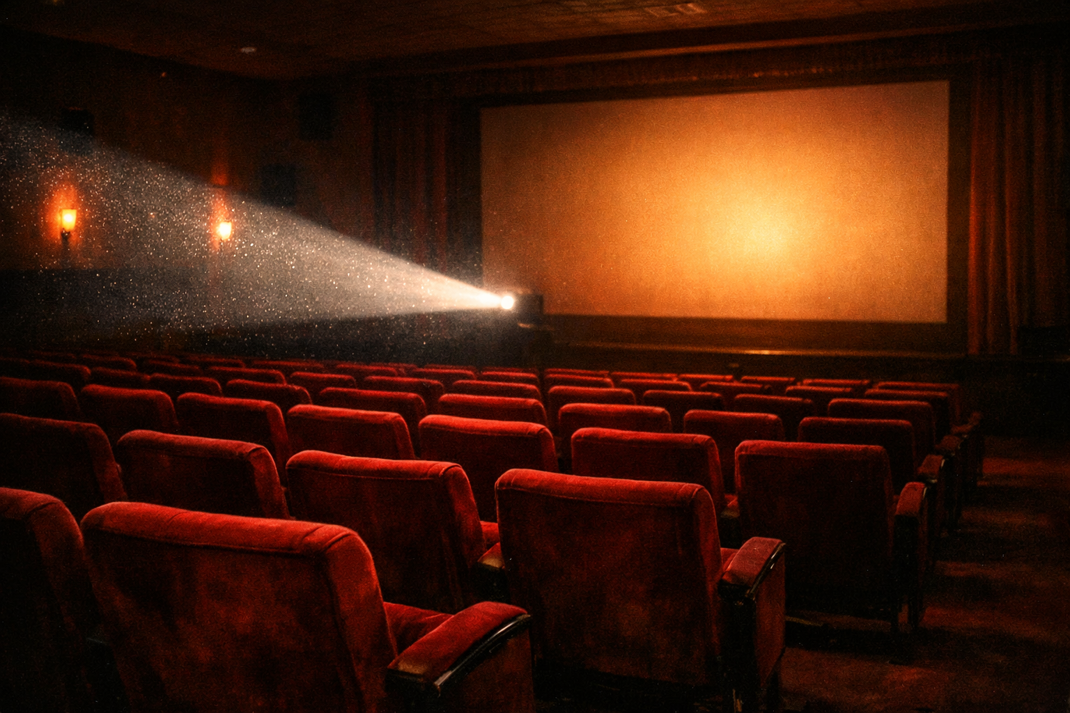 Ciemna sala kinowa z rzędami foteli i światłem projektora