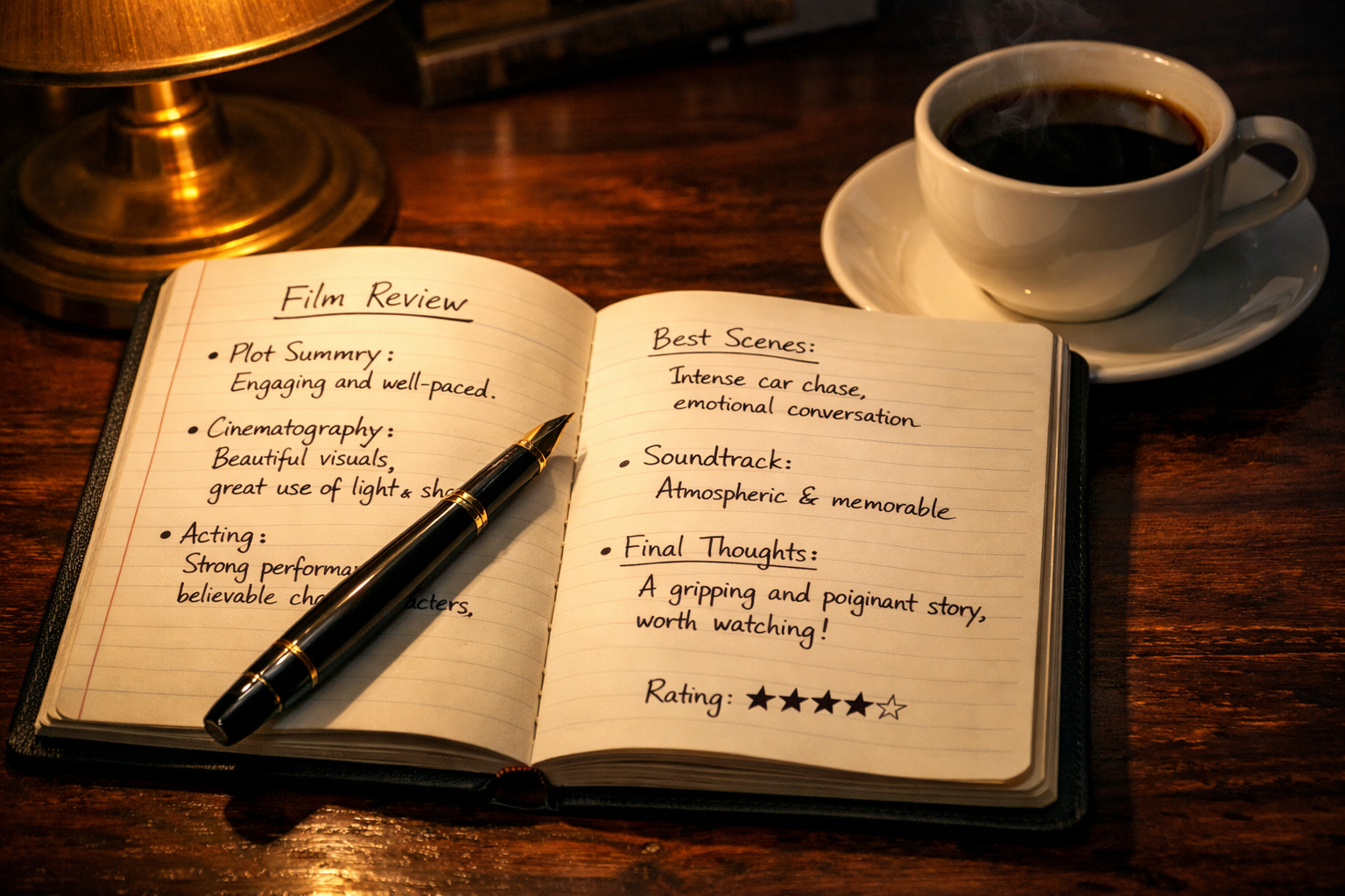 Notatnik z długopisem na ciemnym biurku obok filiżanki kawy