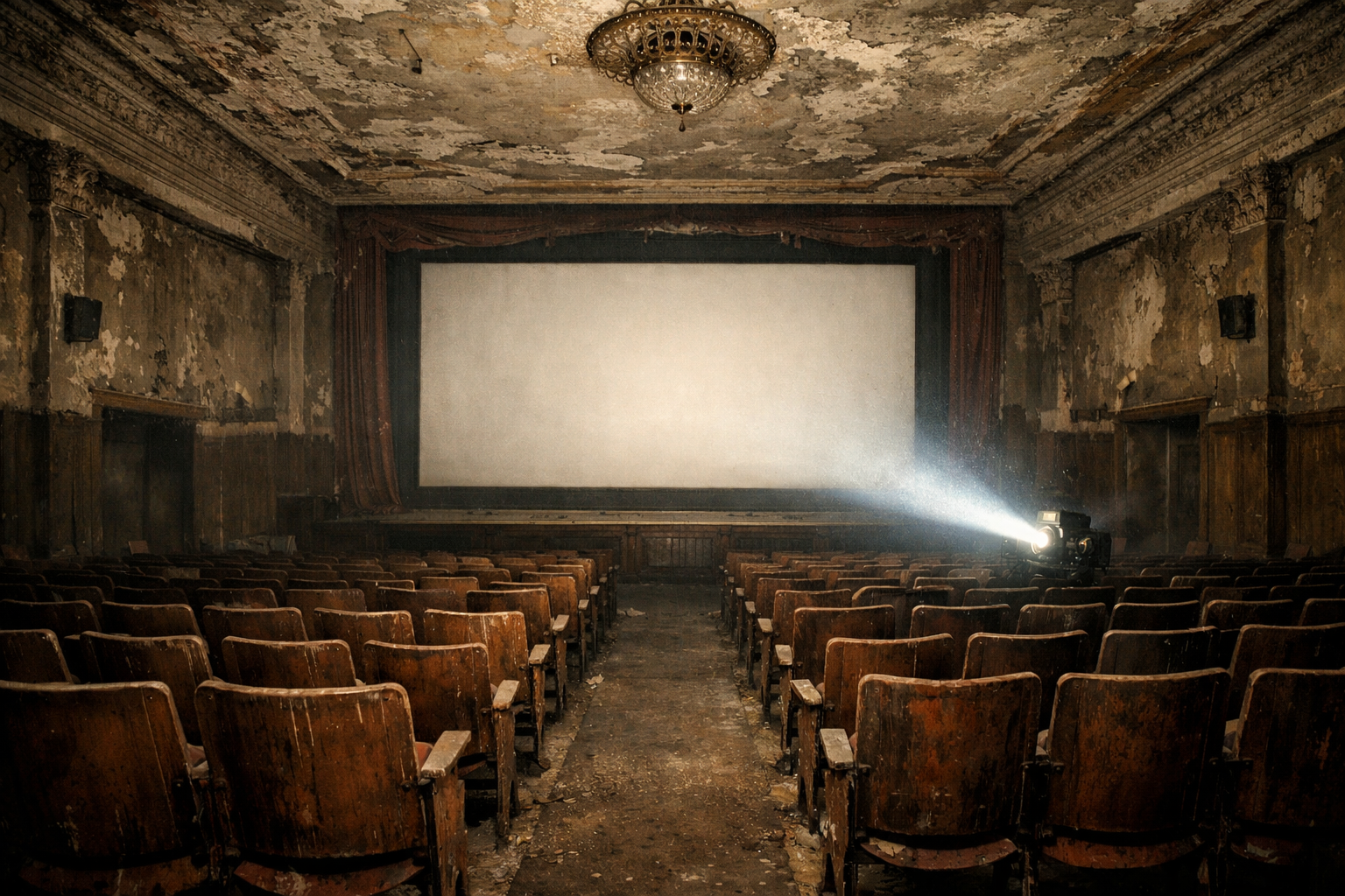 Stara sala kinowa z rzędami drewnianych krzeseł i ekranem