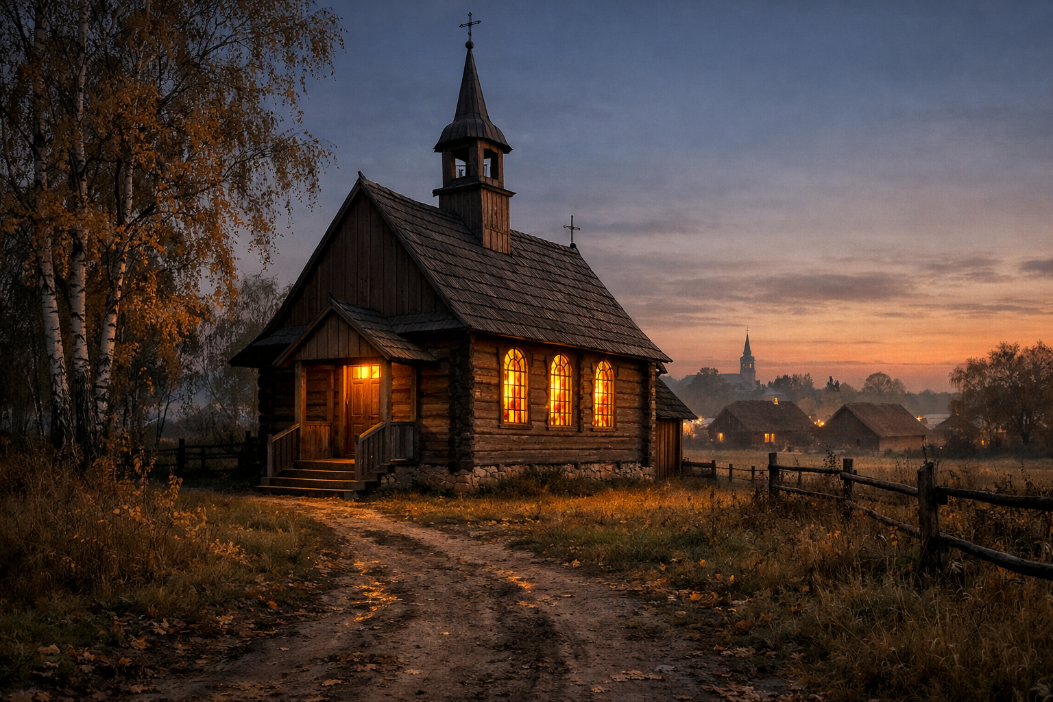 Drewniany kościół na polskiej wsi o zmierzchu