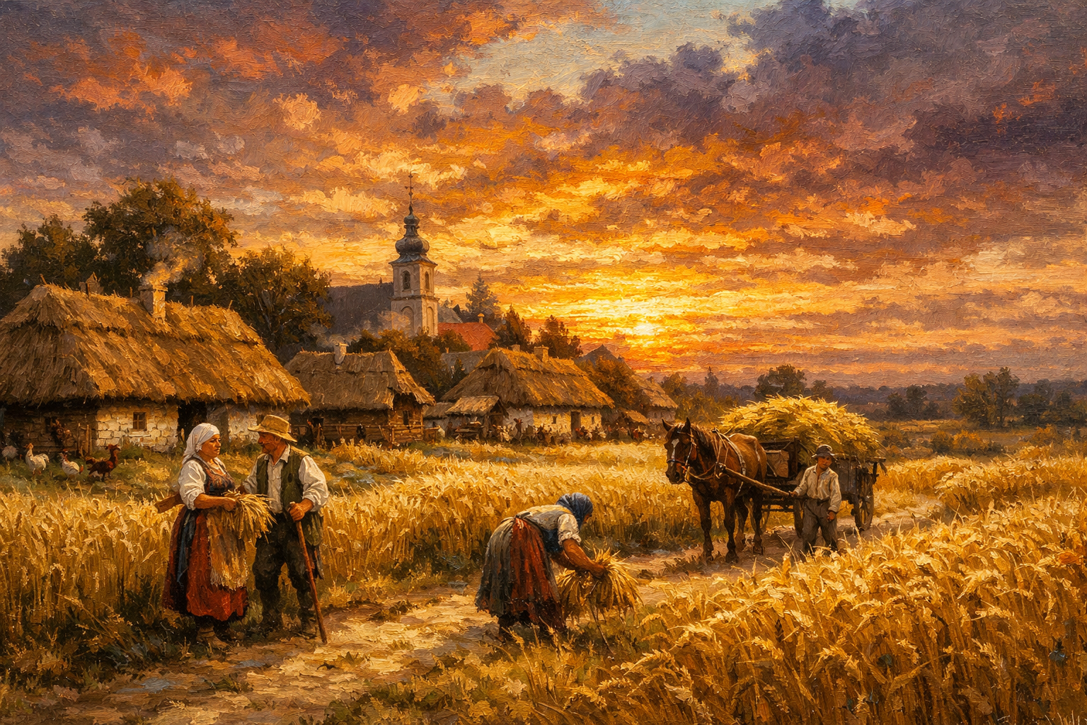 Polska wieś o zachodzie słońca — krajobraz malowany olejnymi farbami