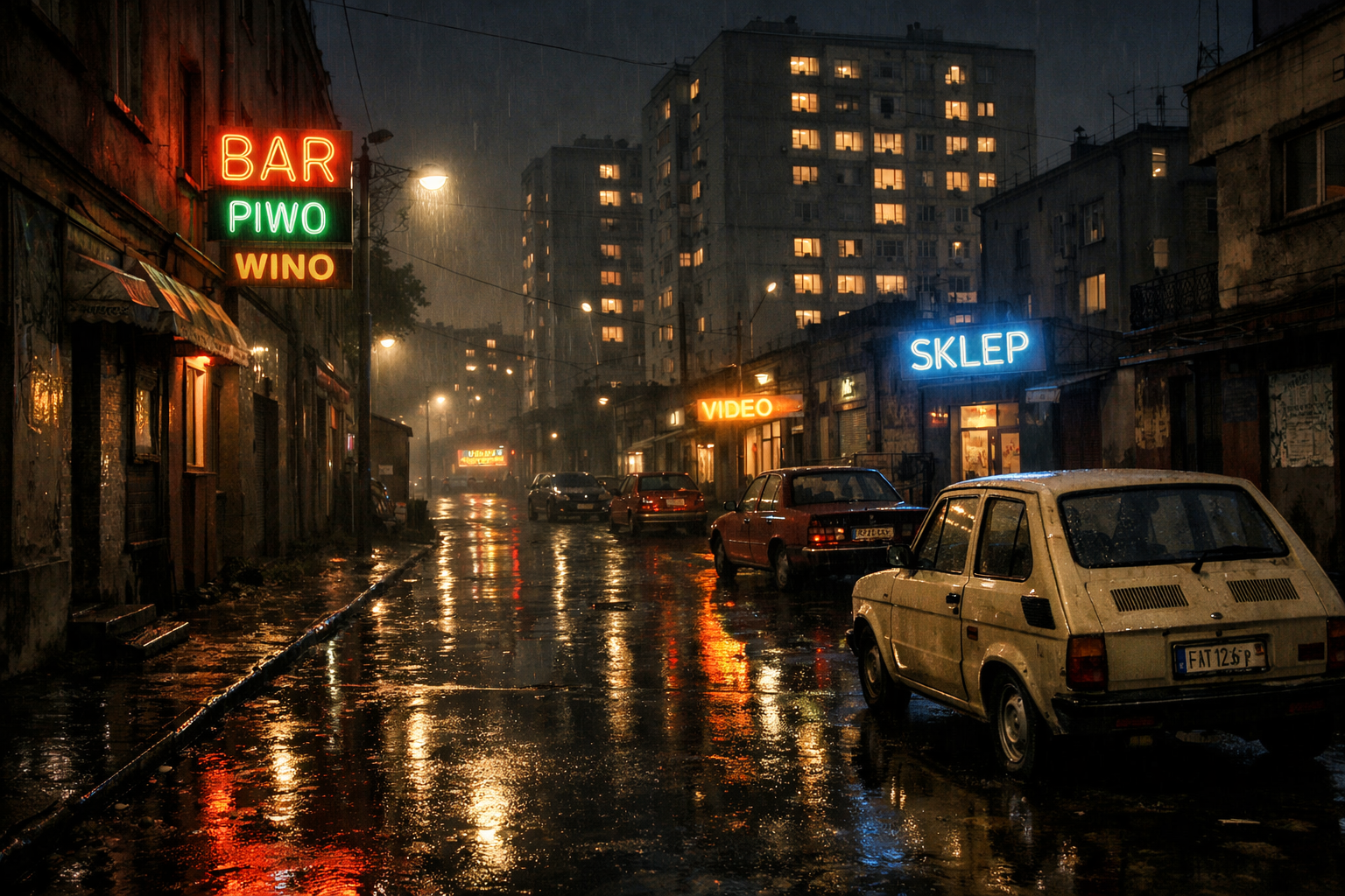 Nocna ulica polskiego miasta lat dziewięćdziesiątych w deszczu