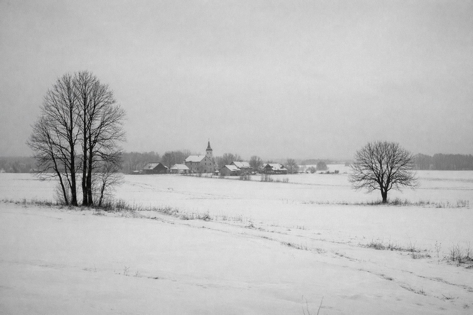 Zimowy pejzaż polskiej prowincji w czarno-białej tonacji