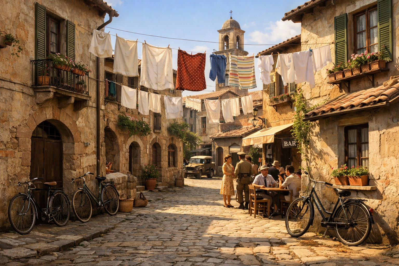 Słoneczna sceneria europejskiego miasteczka lat czterdziestych