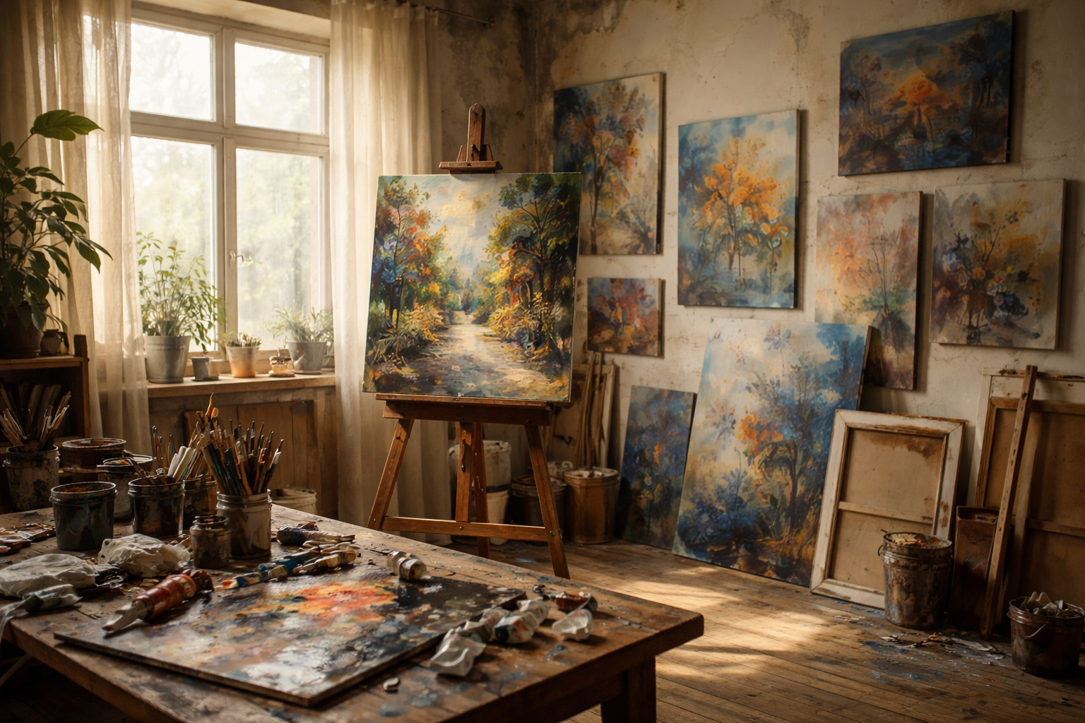 Pracownia artysty z płótnami na ścianach i sztalugą