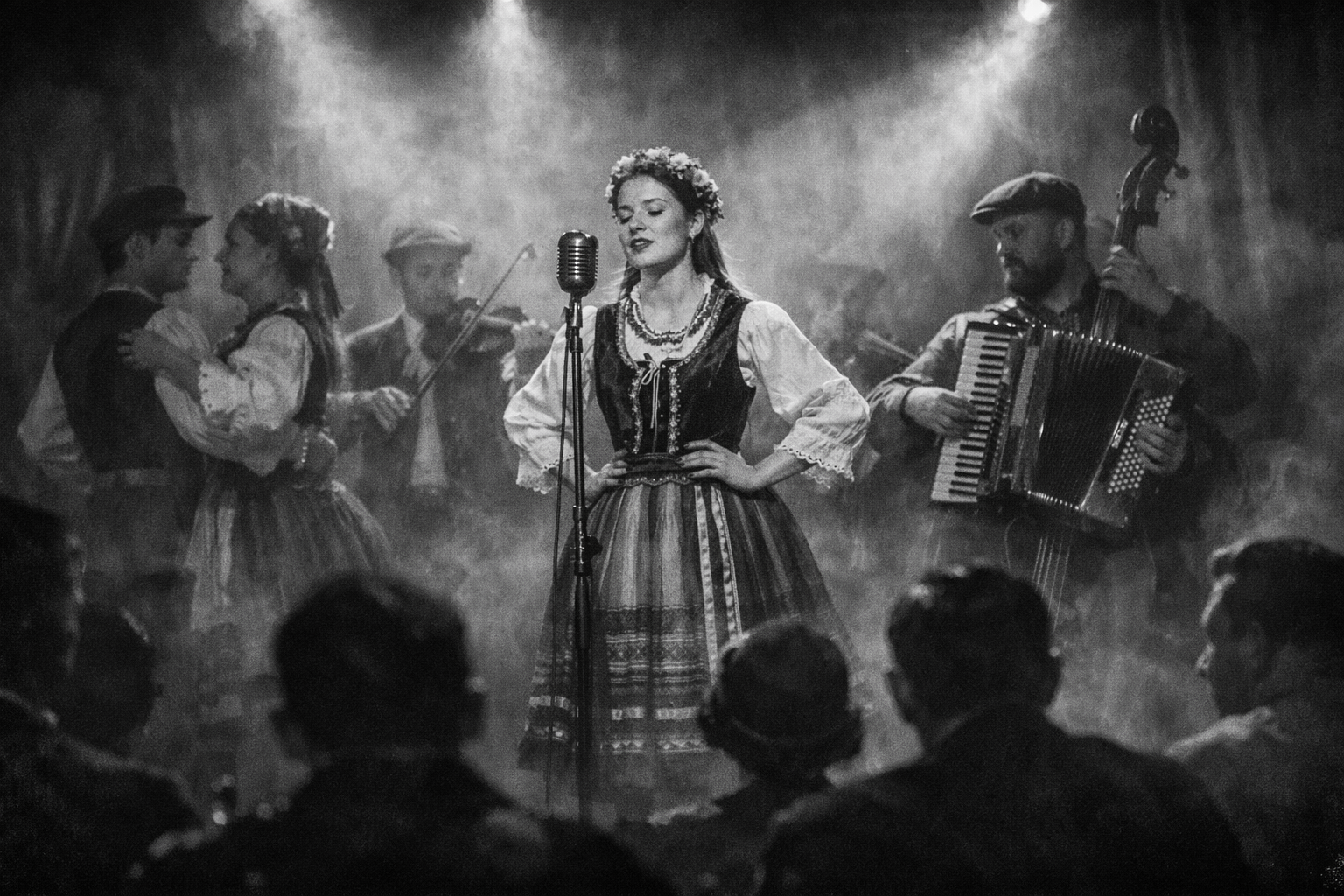 Muzyczne występy w powojennej Polsce — nastrojowe czarno-białe ujęcie